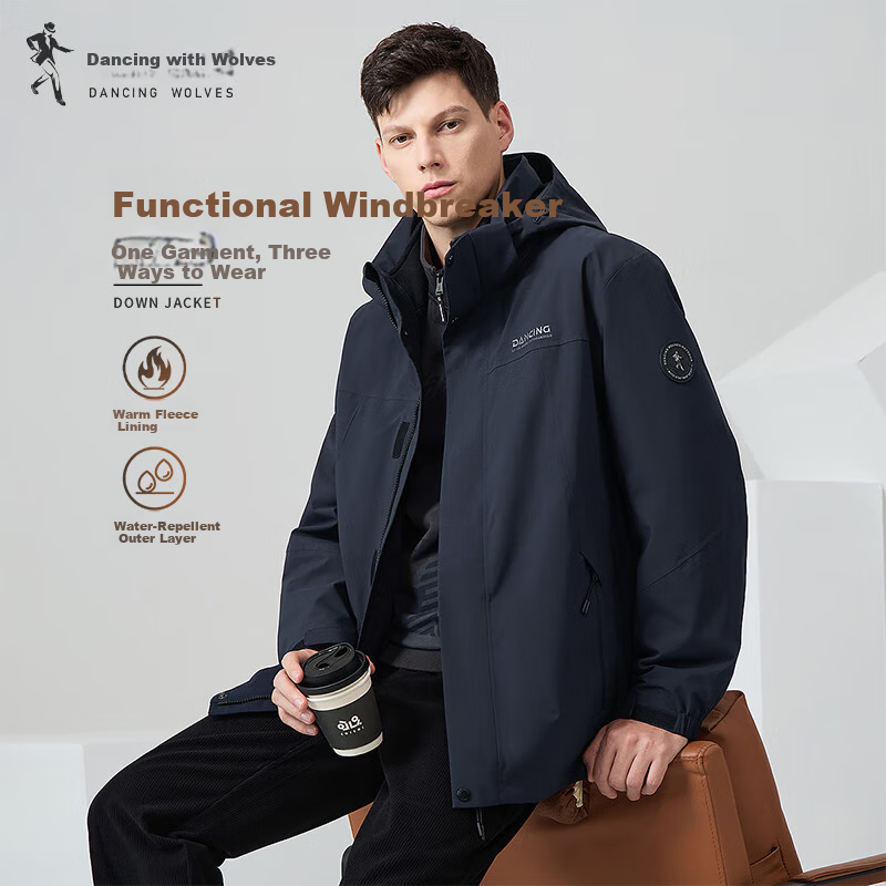 DANCING WOLVES 3-in-1 Detachable Fleece Liner Outdoor Mountaineering Men's Softshell Jacket 101 Navy Blue 165