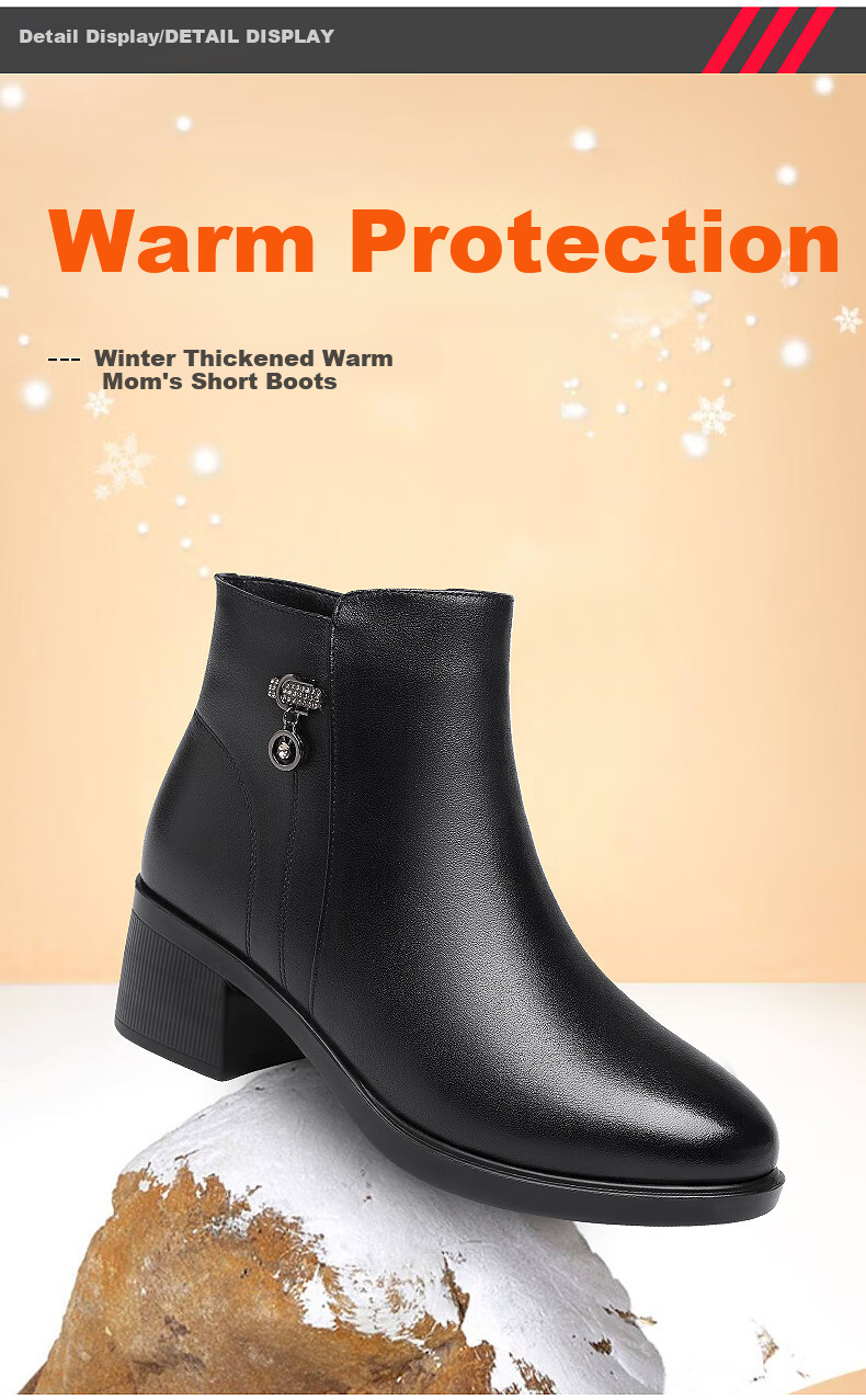 Red Dragonfly Women's Short Boots, Mom Style, Fleece Lined Warm Boots, Chunky Heel Leather Mid Heel Cotton Boots WTC434421C 7