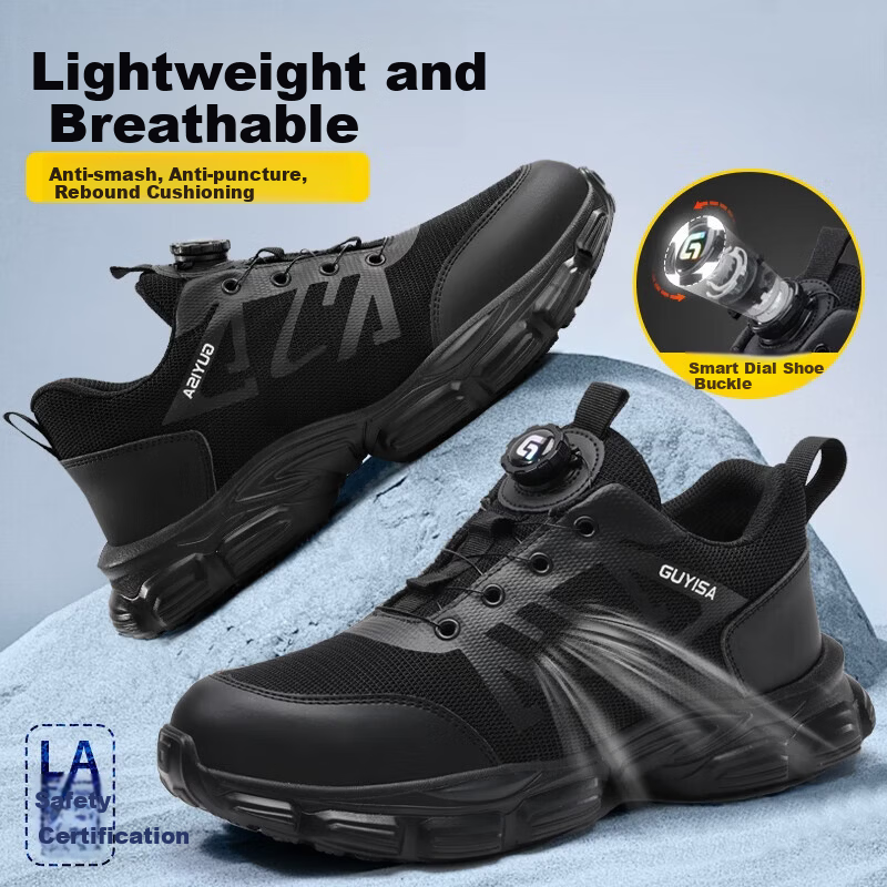 GUYISA Men's Summer Breathable Anti-Smash Anti-Puncture Steel Toe Ultra-Light Safety Worksite Shoes 3117BK Size 36