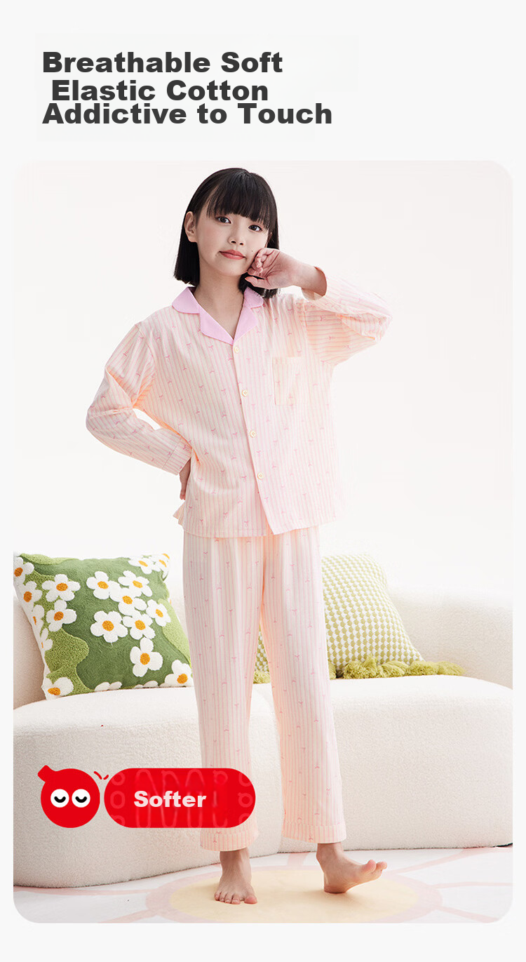 Hodo Kids Spring Autumn Antibacterial Long Sleeve Pajama Set Cute Cartoon Children's Homewear Bowknot Green Plaid 160 5
