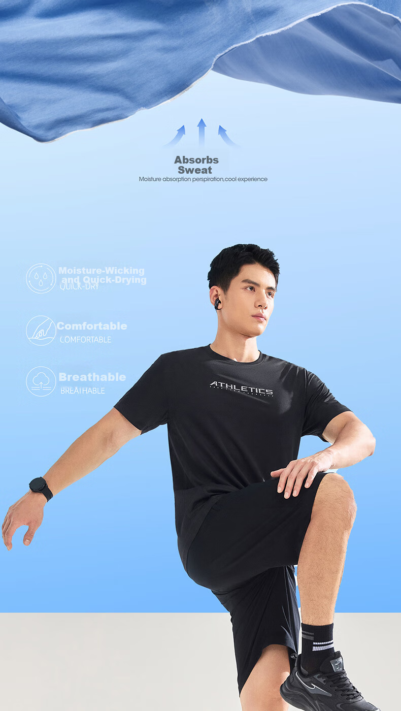 ERKE Men's Short Sleeve T-Shirt Summer Moisture-Wicking Quick-Dry Round Neck Base Layer Running Solid Color Ice Feel Sports Tee 1