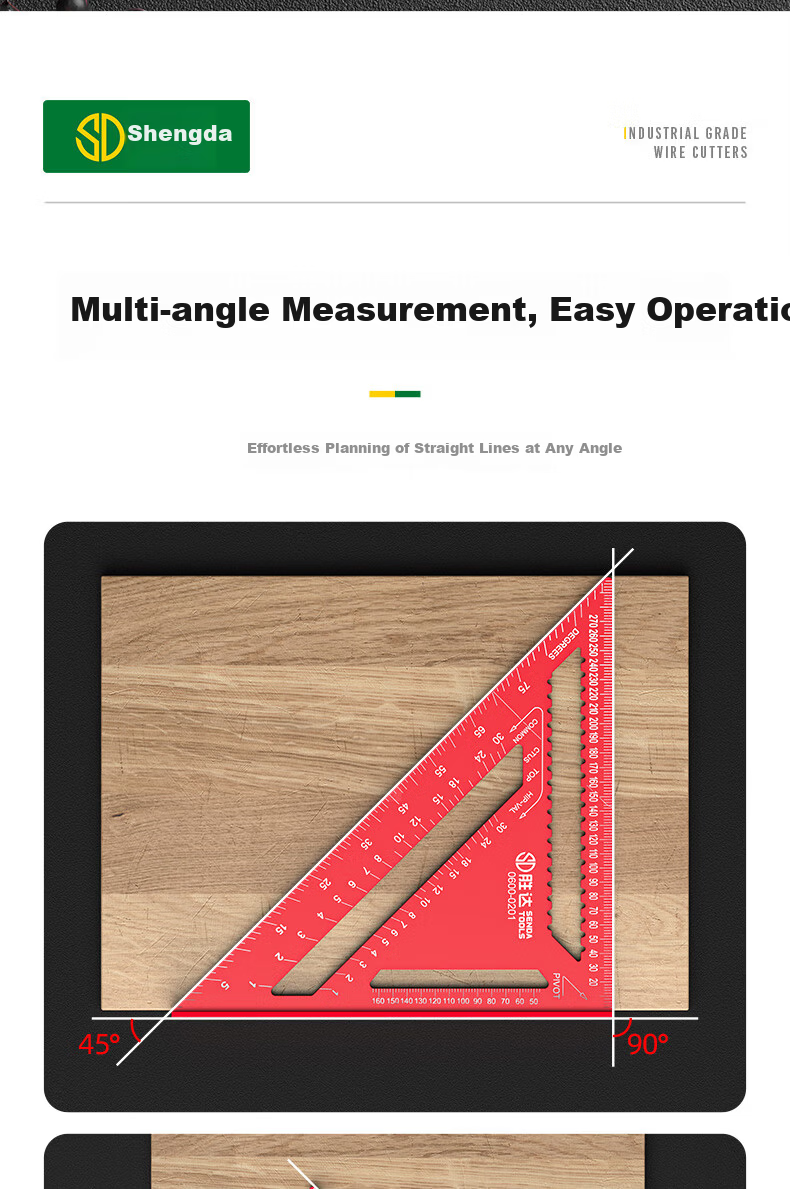 Shengda Aluminum Alloy Multifunctional 90-Degree Triangle Ruler 45-Degree High-Precision Carpenter Carpenter's Square for Woodworking and Renovation 10