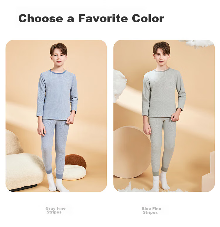Hodo Kids Boys Thermal Underwear Set Fleece Lined Thickened Cationic Winter Heat Retaining Autumn Shirt and Pants Gray Thin Stripes 12