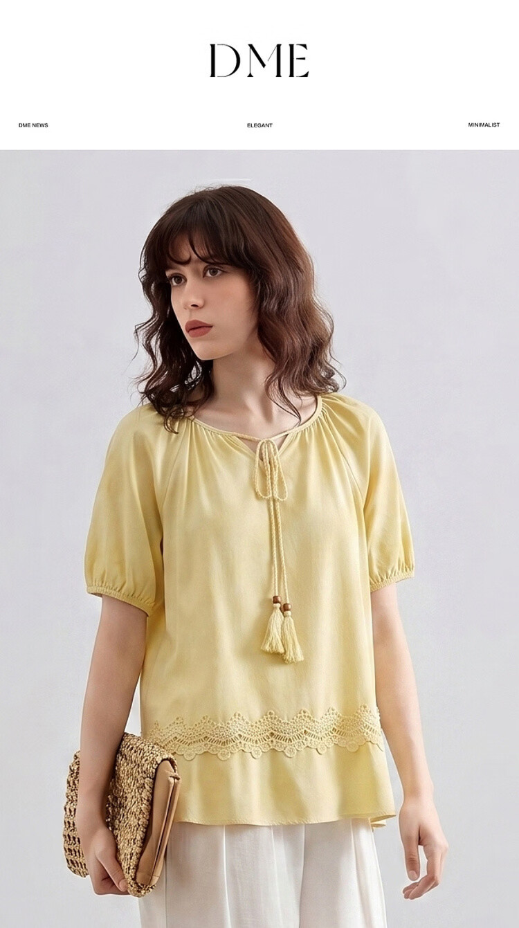 Demana Pure Cotton Tassel Tie Round Neck Shirt Women Summer New Lace Splicing Ruffle Loose Blouse 1