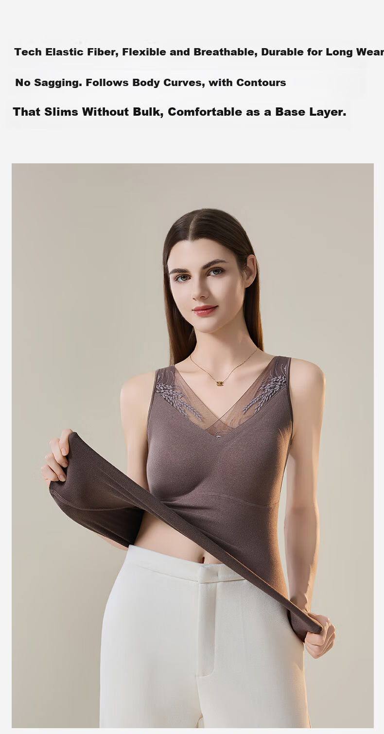 GUJIN Women's Thermal Vest Lace Base Layer with Chest Pad Warm Underwear Top Coffee Color XL 5