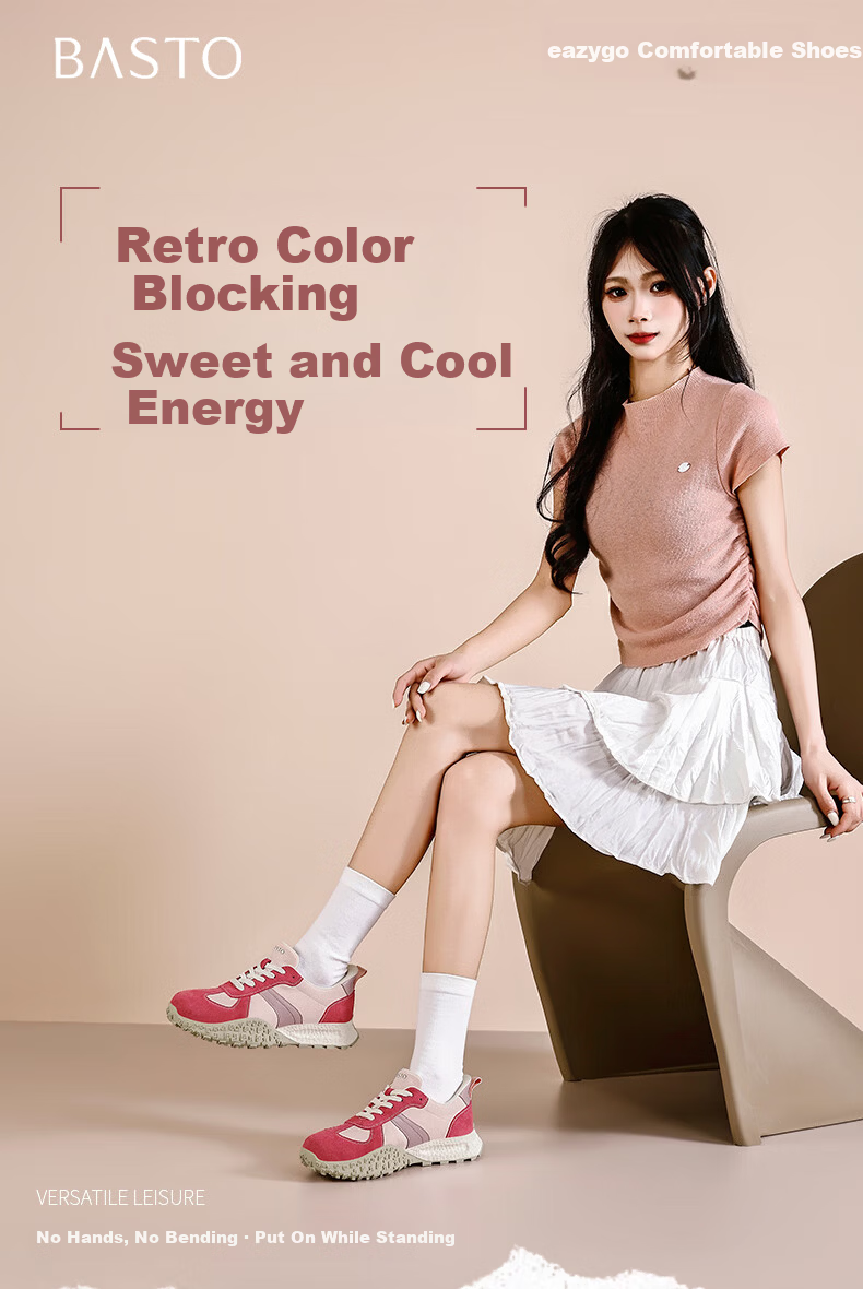Basto Retro Colorblock Vibrant Sweet Cool Derby Shoes Lightweight Slip-On Versatile Trendy Casual Shoes S1095AM6 Pink Size 37 1