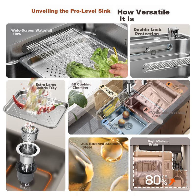 ARROW 0 Coating Treasure Basin Pro Kitchen Sink 304 Stainless Steel Vegetable Washing Basin Waterfall Large Single Bowl Top-Mount and Under-Mount Sink