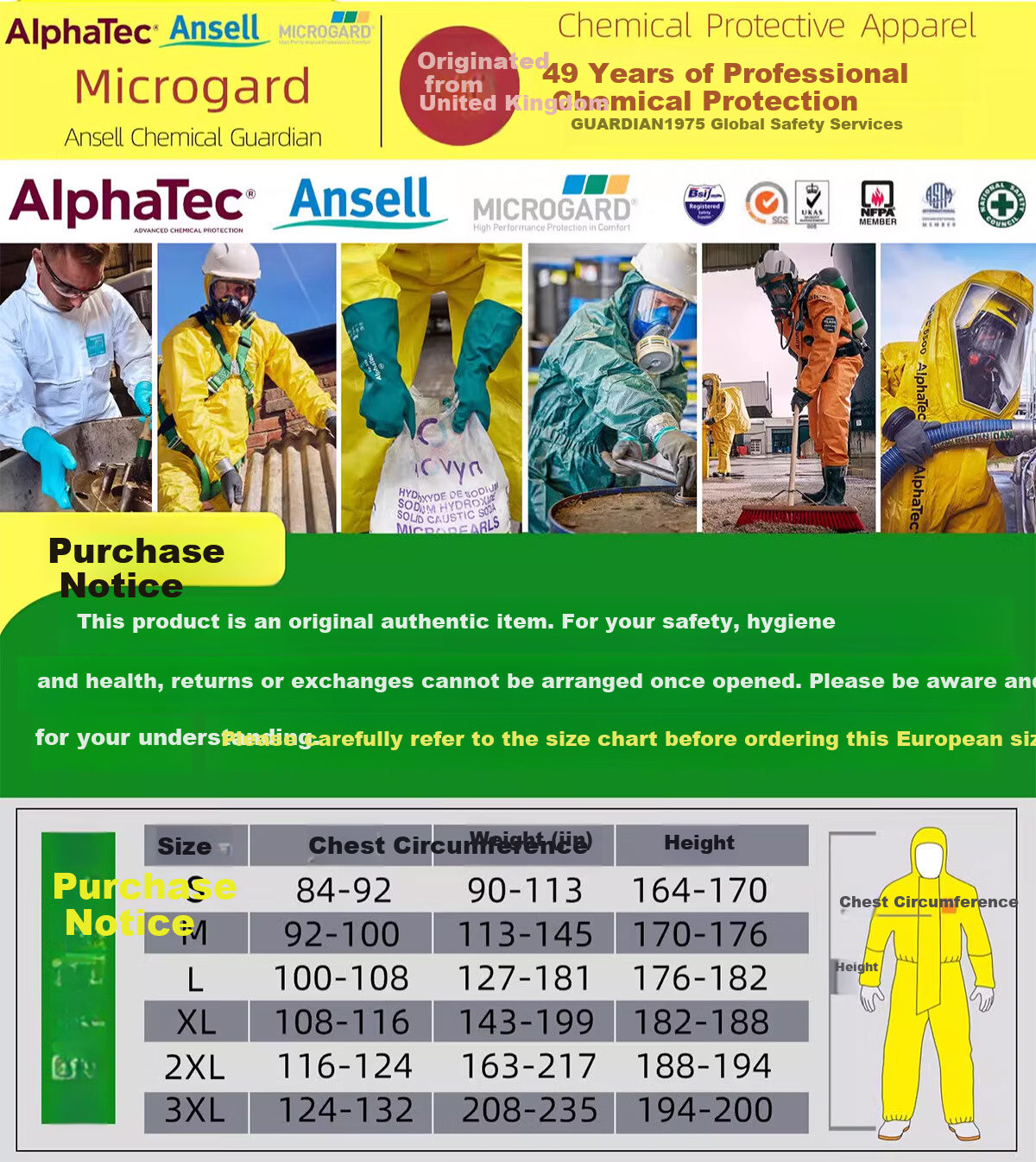 ALPHATEC C-Level Chemical Protective Coverall Acid and Alkali Resistant Corrosion-Proof Chemical Suit Laboratory Workwear Acid-Resistant Suit 3000 Coverall [Model 132] Size L 1