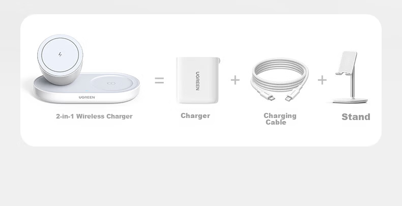 Ugreen 2-in-1 Magnetic Wireless Charger Stand MagSafe Compatible with Apple iPhone 17/16/15/14/13 Pro Max and 7.5W Wireless Earphones Charging 9