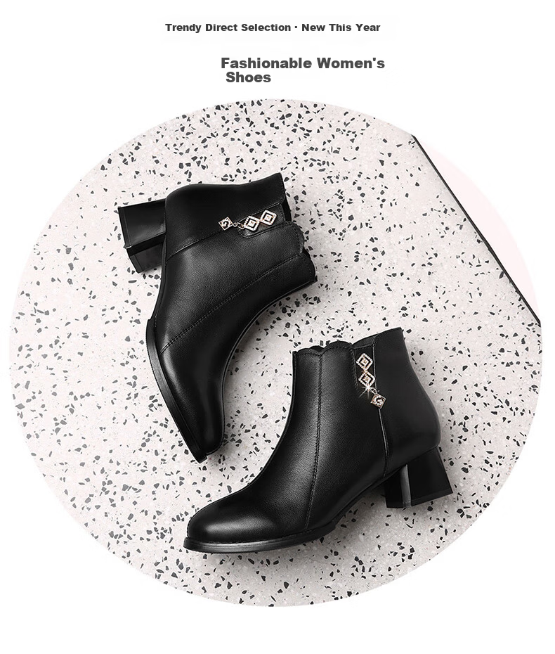 FUGUINIAO Genuine Leather Cowhide Women's Ankle Boots Autumn Winter Fleece Lined Warm Pointed Toe Chunky Heel Fashion Boots Black Size 35 5