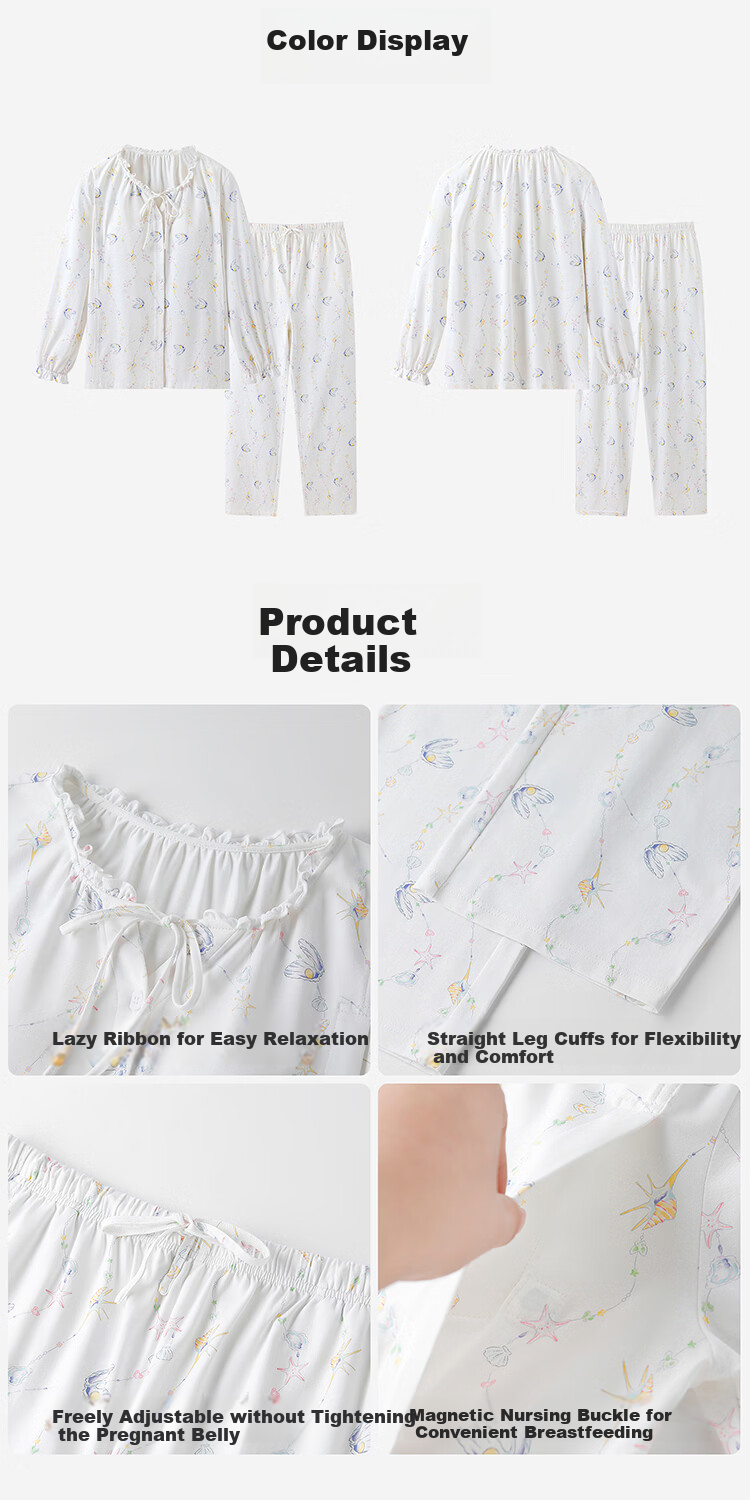 YEEHOO 26th Anniversary New Maternity Postpartum Pure Cotton Nursing Pajamas 10A Antibacterial with Built-in Chest Pads Ocean Pearl XL 17