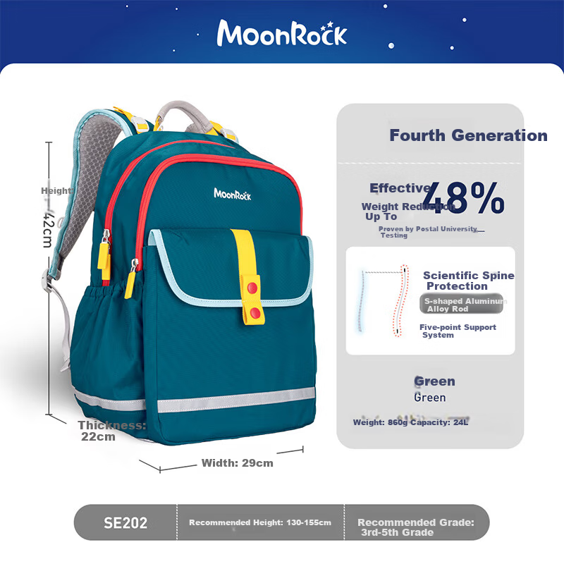 MoonRock Primary School Children's Ergonomic Backpack for Grades 3-5 Boys and Girls Large Capacity Green Backpack