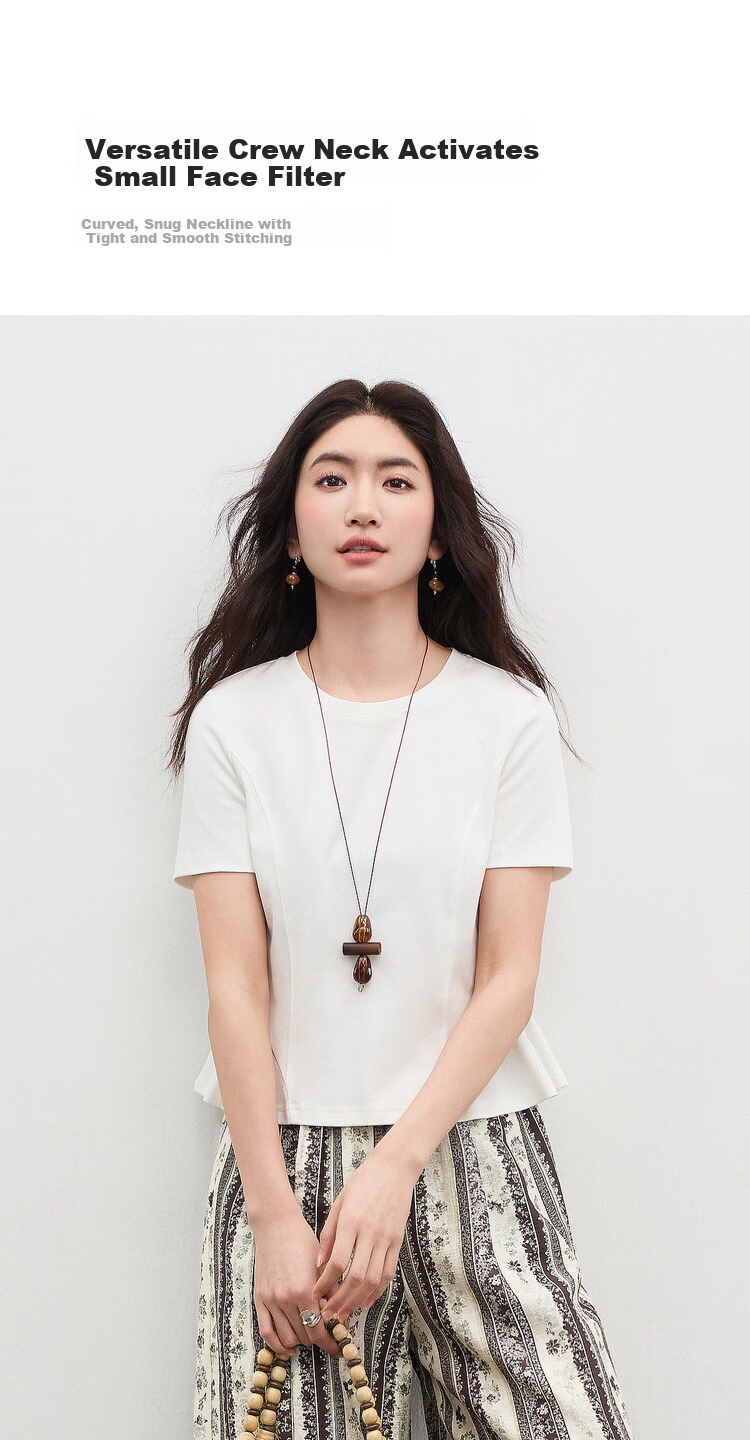 Shangdu Bila Gentle Pure Cotton Short Sleeve T-Shirt Women Spring Summer Simple Round Neck Split Design Slim Fit Top Youthful Temperament Layering 8