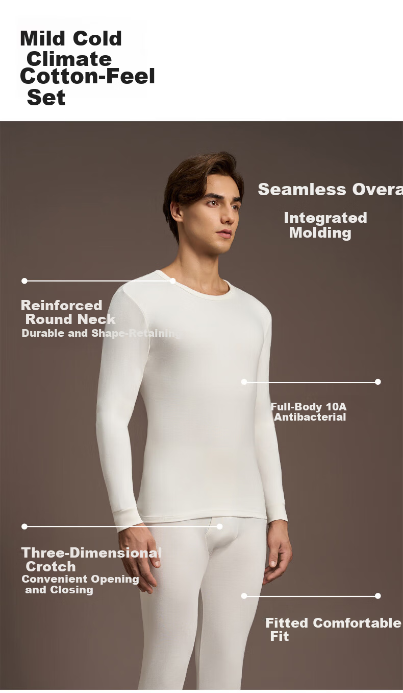 GUJIN Men's Thermal Underwear 100% Cotton Class A Autumn Winter Set 10A Antibacterial Base Layer Cotton Sweater 2