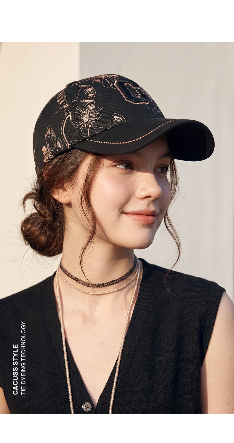 CACUSS Women's Embroidered Baseball Cap Hard Top Outdoor Sun Hat Casual Slim Face Duckbill Cap Black 5