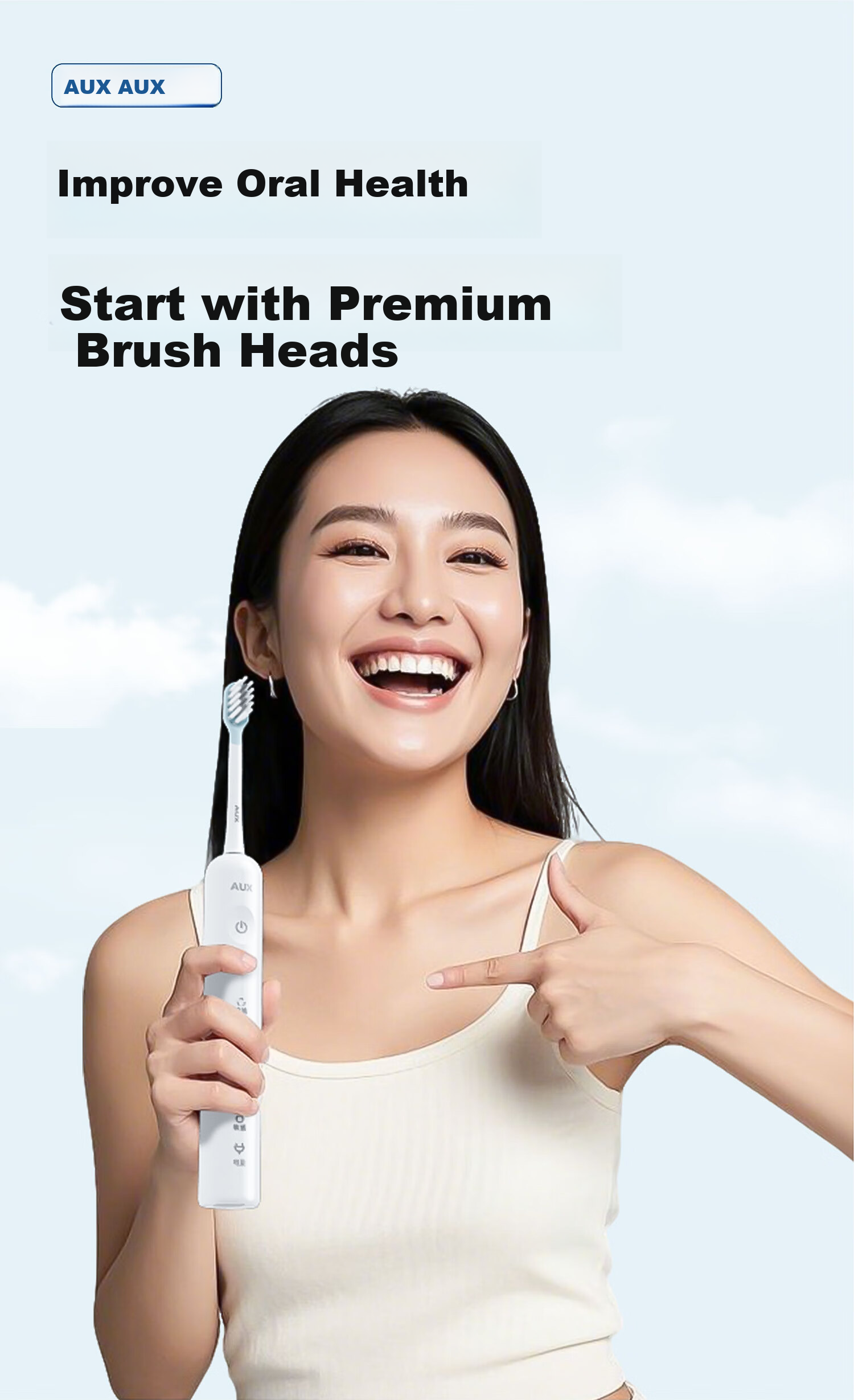 AUX Blue Light Sonic Electric Toothbrush S02 White + 2 Brush Heads Long Battery Life Soft Bristles Comfortable Whitening Deep Cleaning Gum Care Birthday Gift 2