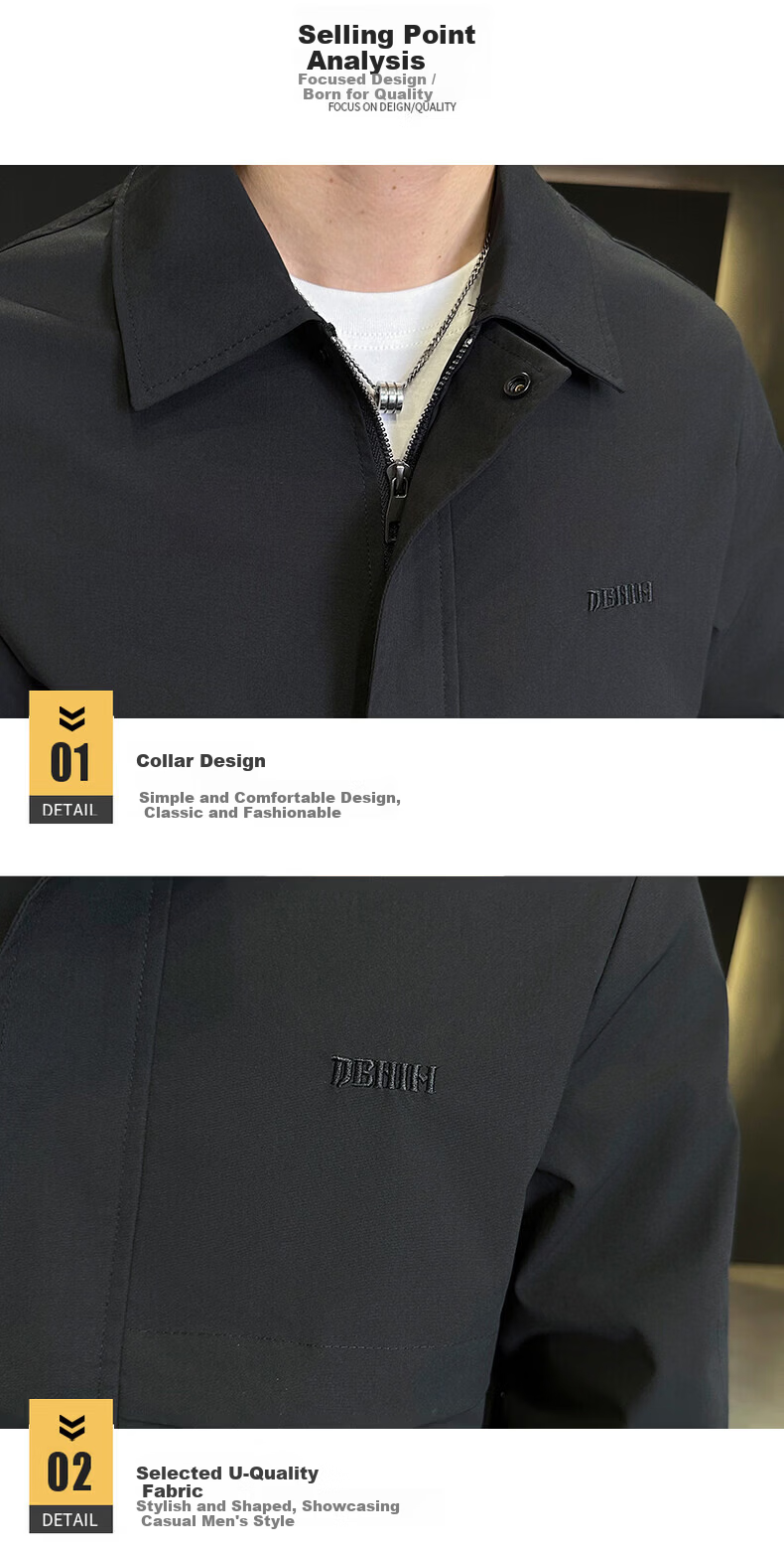 PLAYBOY Men's Spring Autumn Jacket Casual Outdoor Windproof Lapel Coat Black L 7