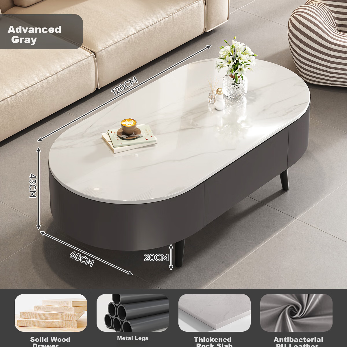 Xiaojiang Material Rock Slab Coffee Table Living Room Home Small Apartment Simple Floor Tea Table Popular High-End Oval Coffee Table 120 Gray