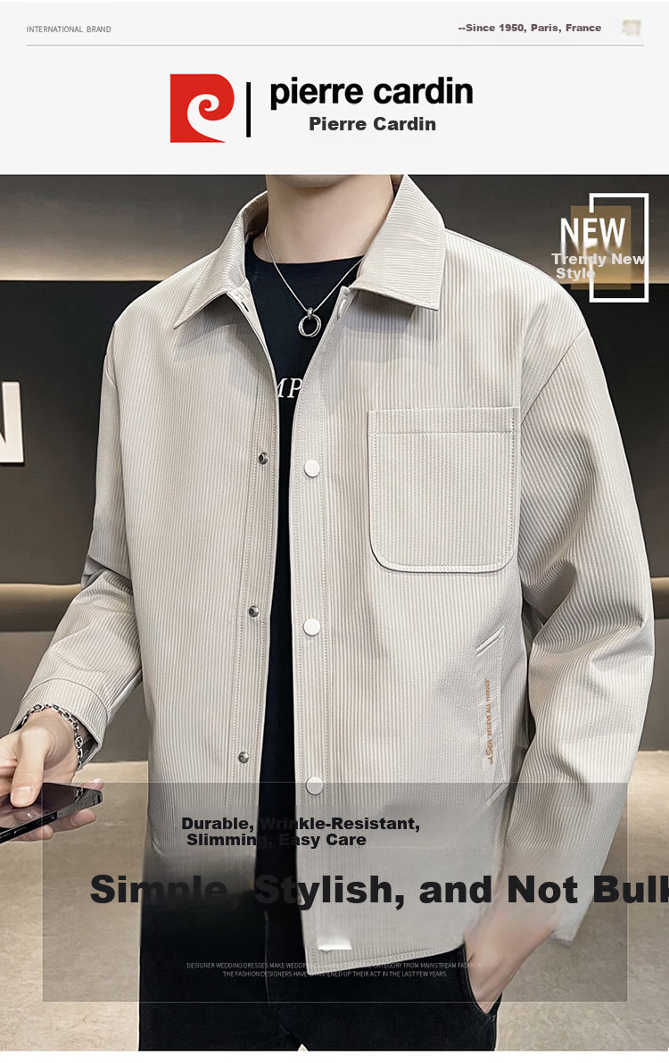 Pierre Cardin Jacket for Men, Spring Autumn Winter Korean Style Coat, Casual Lapel Top for Young And Middle-Aged Men, Khaki, XL 1