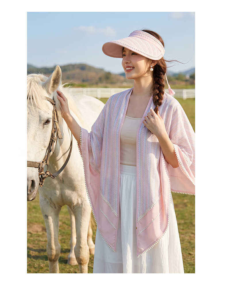 CACUSS Ice Silk Sun Protection Hat for Women Summer Large Brim Open Top Lightweight Breathable Outdoor Sunshade Hat with Shawl Set Pink Rose 8