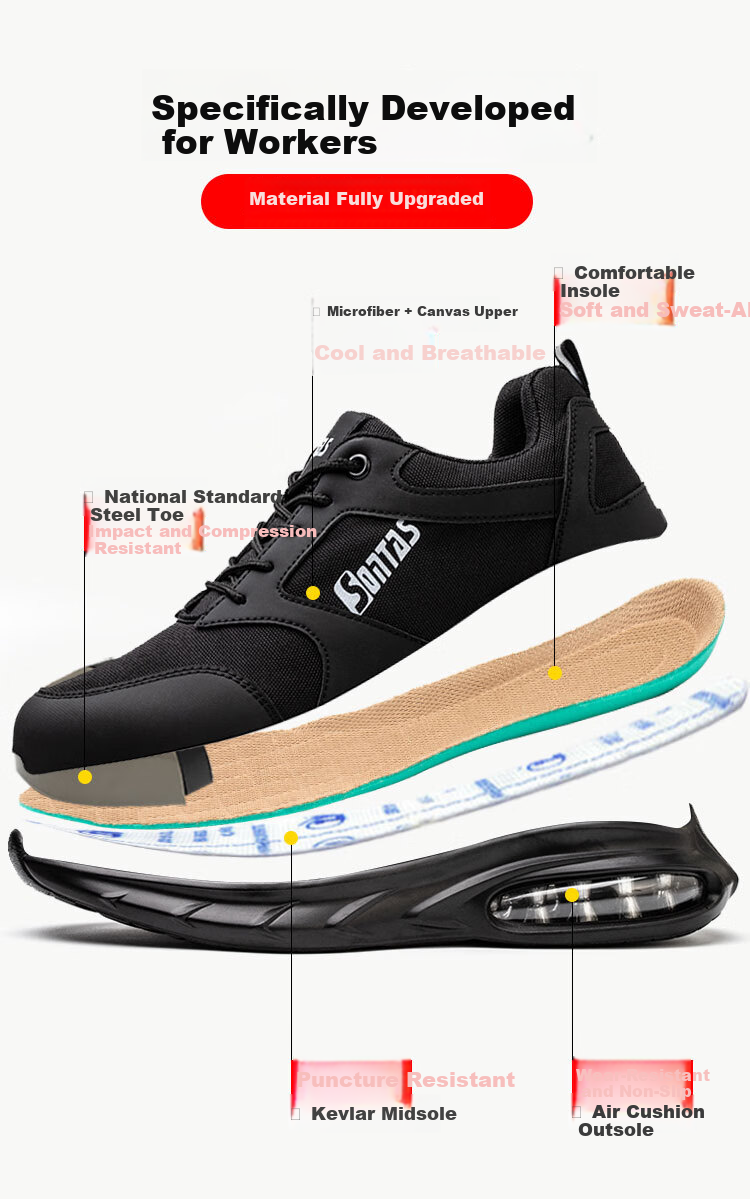 SONTAS Men's Work Safety Shoes Ultra-Soft Air Cushion Shock Absorption Summer Breathable Anti-Smash Anti-Puncture Steel Plate Steel Toe Lightweight Black Mesh Size 43 2