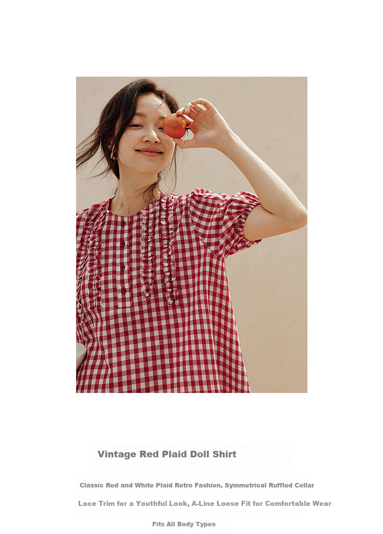 INMAN French Vintage Red Plaid Short Sleeve Shirt 26 Summer New Women's Ruffle Beaded Top Navy Plaid L 31