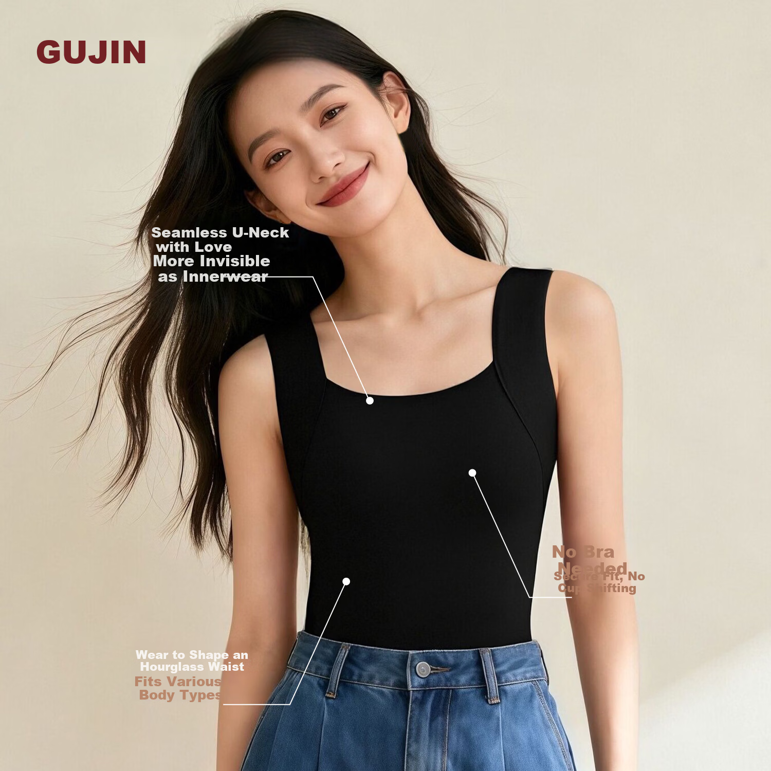 GUJIN Seamless Thermal Vest for Women with Chest Pad, Bra-Free Autumn Winter Integrated Base Layer Underwear