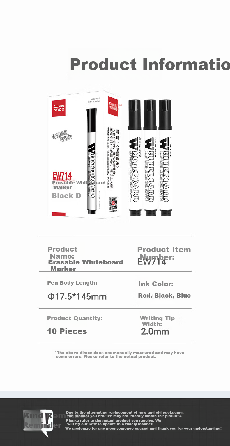 COMIX Office Meeting Erasable Whiteboard Markers Set of 4 (2 Black, 1 Red, 1 Blue) Office Stationery Durable Wear-Resistant for Teacher Training And Teaching K7014 7