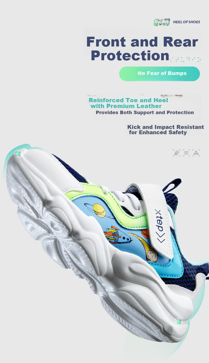 XTEP Kids Mesh Cartoon Element Sports Shoes Non-Slip Sole Boys Casual Shoes Deep Blue/Classic White Size 28 5