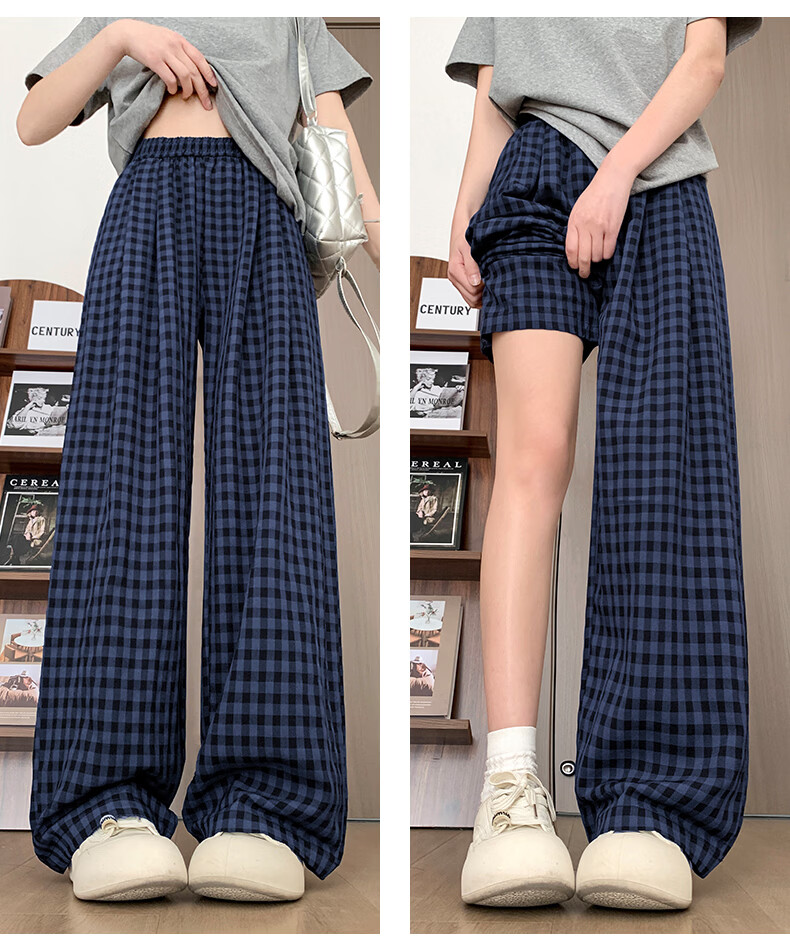 Borui Plaid Casual Pants for Women 2026 New Spring Summer Lightweight Loose Wide-Leg Pants Black XL 19