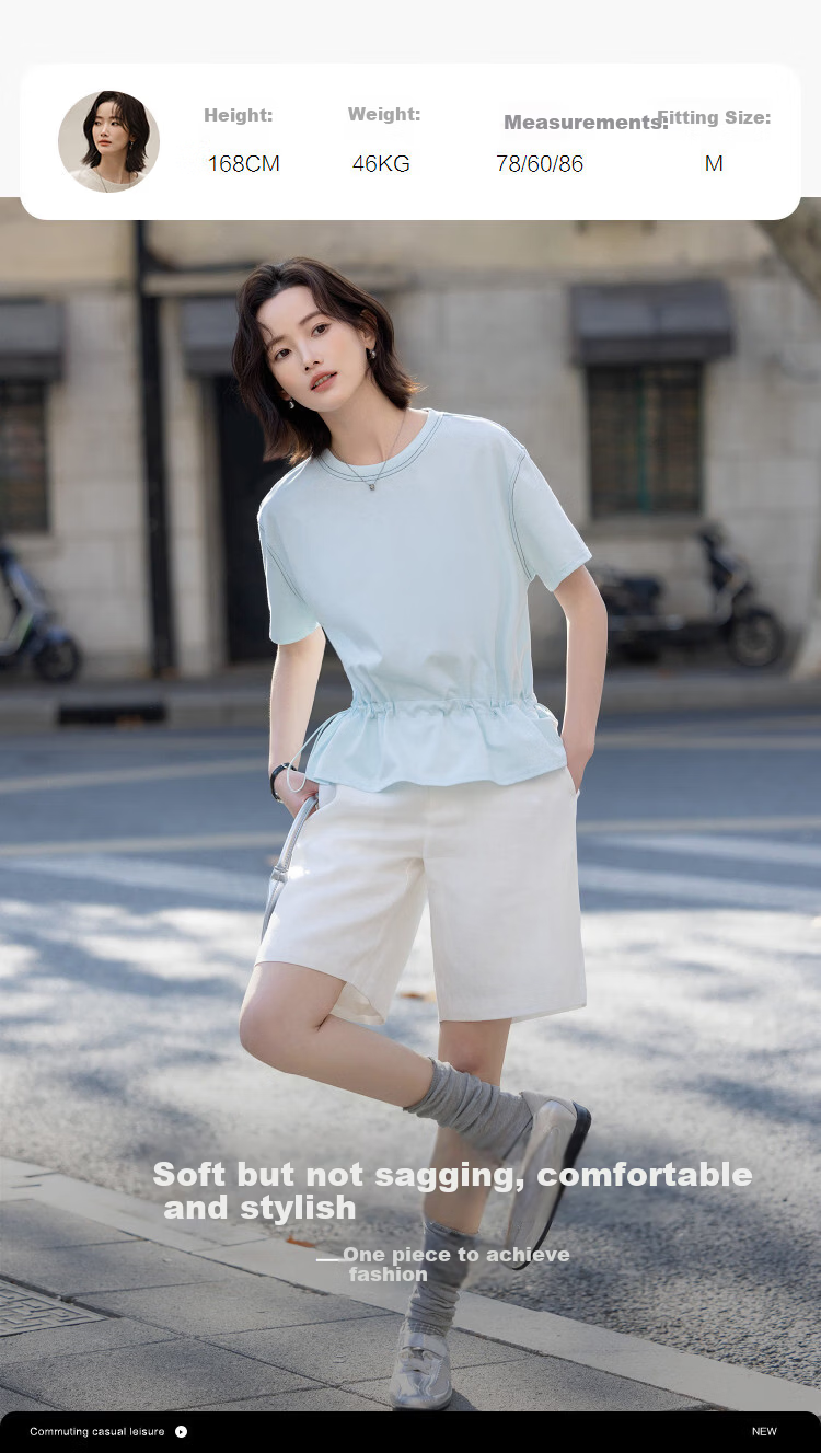 Demana [Cooling Sorona] Summer Anti-Stickiness Round Neck Short Sleeve Drawstring Hem Slimming Concealing T-Shirt for Women Premium 4