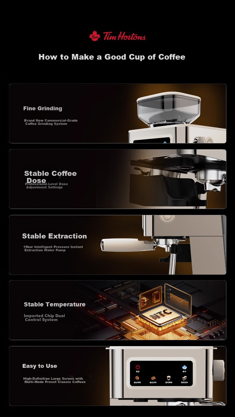 Tim Hortons Tims T5 Fully/ Semi-Automatic Italian Home Coffee Machine Grinder Integrated Cold Brew Version One-Touch Milk Frother Detachable Burr Silver 3
