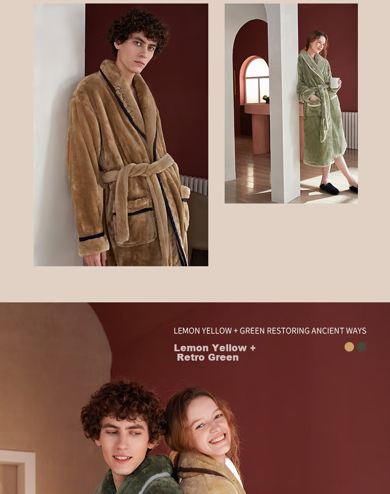 FENTENG Autumn Winter New Thickened Flannel Couple's Long Coral Fleece Bathrobe Men's Pajamas Homewear 15