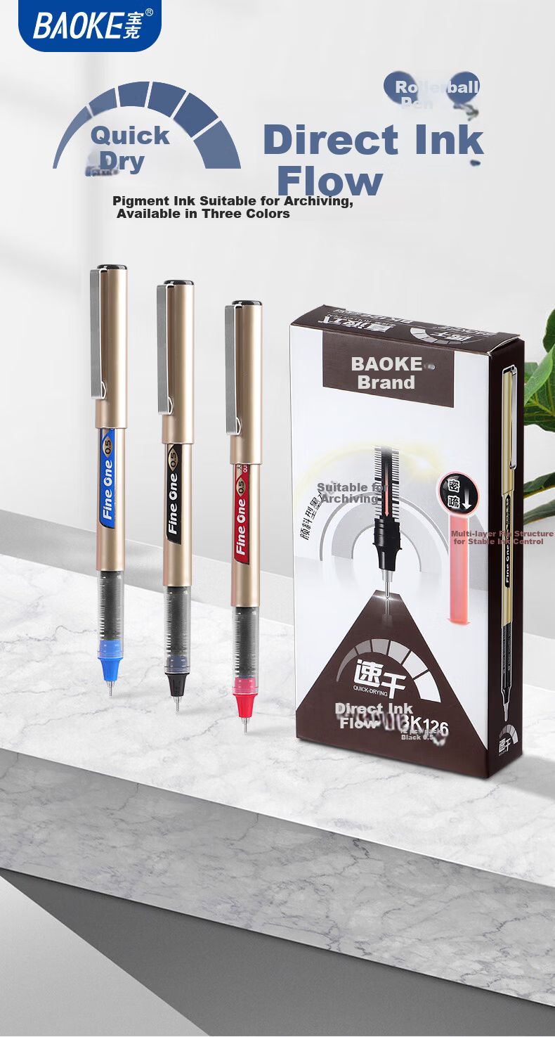 BAOKE BK126 0.5mm Liquid Ink Rollerball Pen Student Exam Writing Office Signature Gel Pen Black 12pcs/Box 1