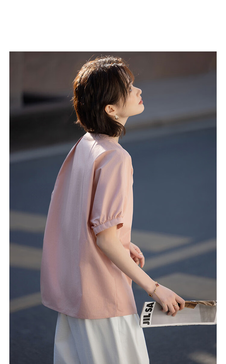 Demana [Cloud Share 100 Cotton] Summer Commuter Round Neck Waterdrop Asymmetric Button Loose Slimming Shirt for Women Premium Feel 17