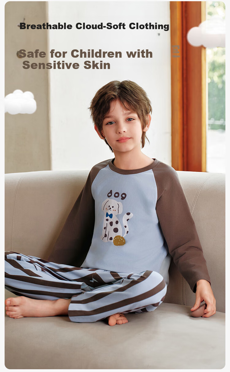 YEEHOO New 95% Cotton Class A Children's Pajamas Exclusive Design Boys' Pajamas 7A Antibacterial Large Kids Homewear Set 1