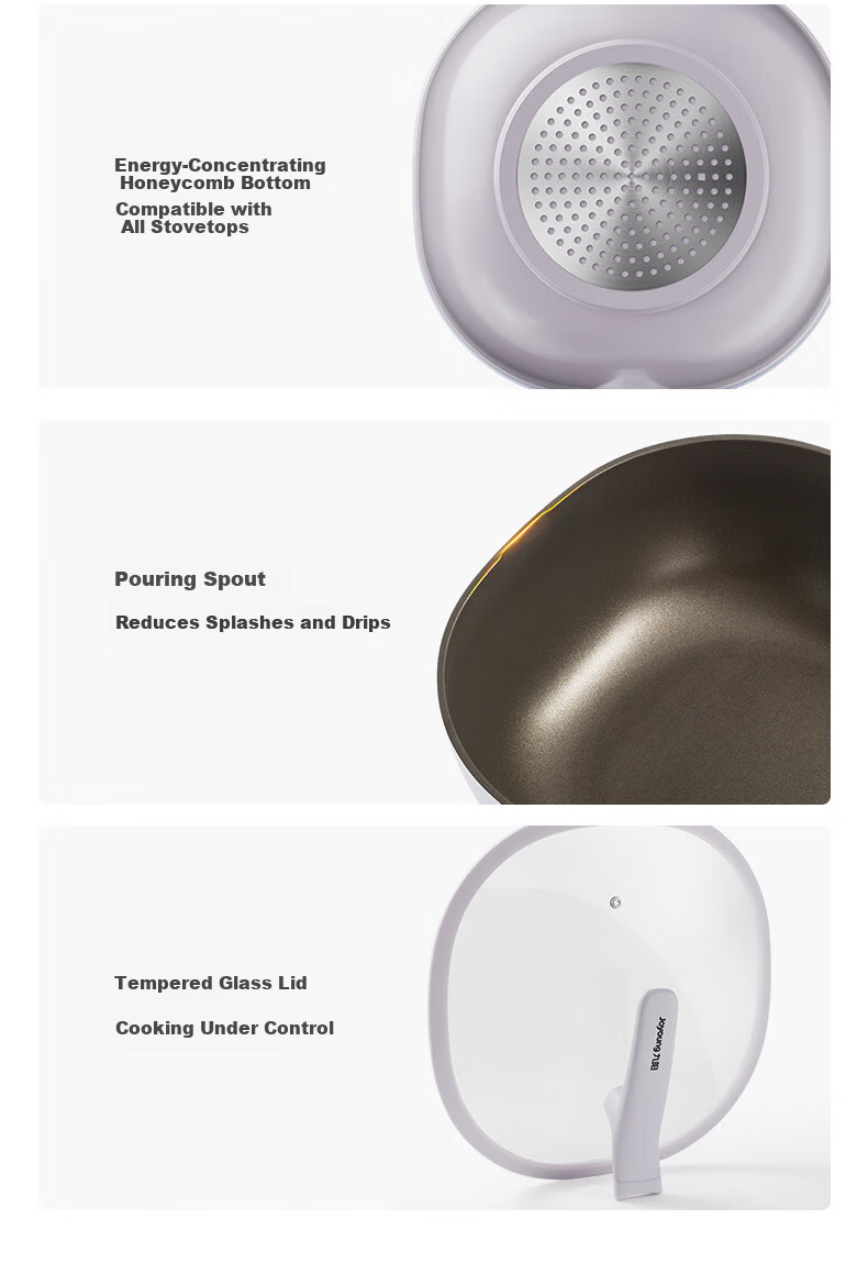 Joyoung 32cm Titanium Non-Stick Square Round Wok Multi-Functional Large Capacity Stove-Compatible Home Cooking Pan 14