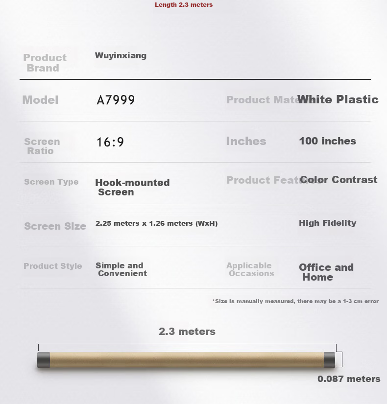 Wuyinxiang 100-inch 16:9 Projection Screen 【No Drilling】 Wall-mounted Simple HD Projector Screen Compatible with XGIMI, JmGO, Xiaomi, Epson Projectors 16