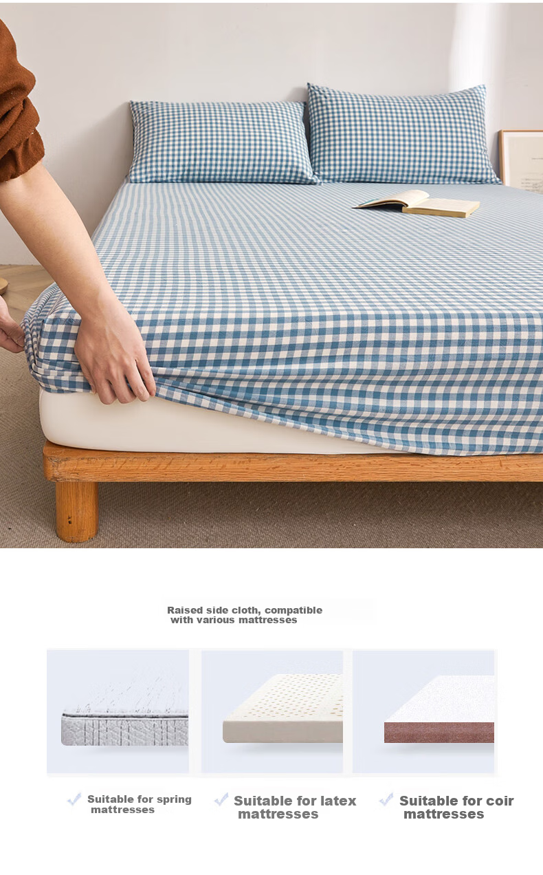 Wuyinliangpin Class A 100% Pure Cotton Fitted Sheet, Single Piece, 1.8x2 Meter Double Bed Cover, Protective Case, Full Coverage Fitted Sheet, Blue Small Check Patter 7