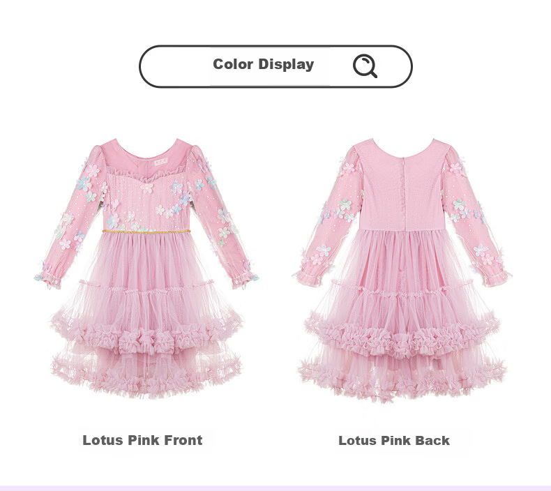 Fulomi Girls' Dress Spring New Sweet Stylish Mesh Dress Baby First Birthday Dress Lotus Pink 130cm 4