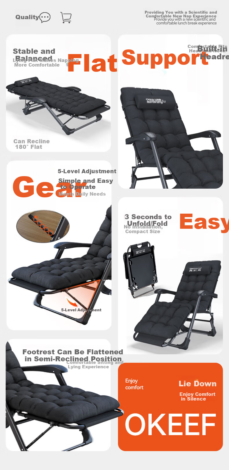 OKeefe Folding Bed Recliner Office Nap Chair Single Bed Nap Chair Care Bed Outdoor Camp Bed with Thickened Cotton Mat 3