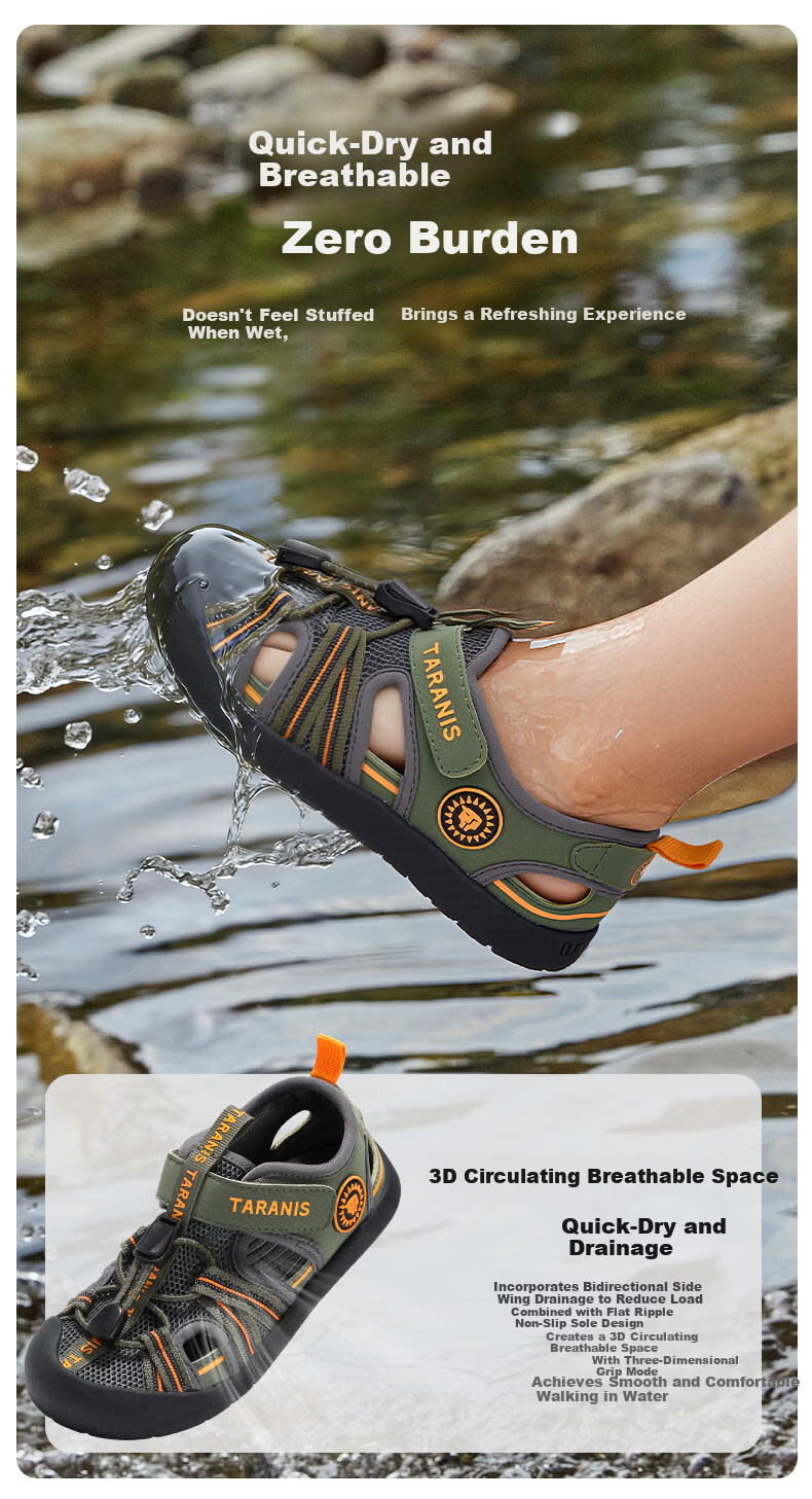 TARANIS Kids Summer Sports Barefoot Sandals Boys Breathable Water Shoes Outdoor Camping Shoes Dark Green Size 29 6
