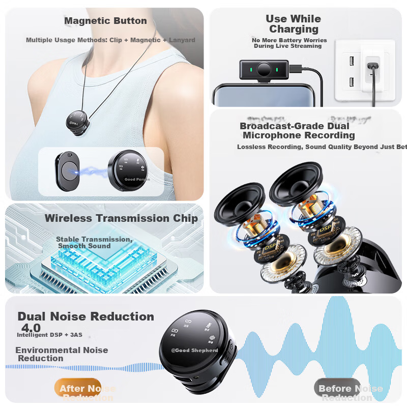 Good Shepherd Wireless Lavalier Microphone Live Streaming Audio Equipment TikTok Host Recording Video Mobile Phone Outdoor Noise-Canceling Professional Button Ear Mic Computer Microphone One-to-Two Un
