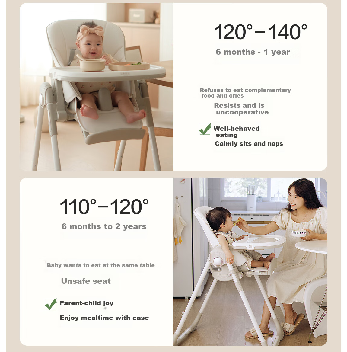 BEIE Baby High Chair Toddler Dining Chair Kids Growth Chair Children's Seat Rocking Chair White Shell + Cloud Cushion 16