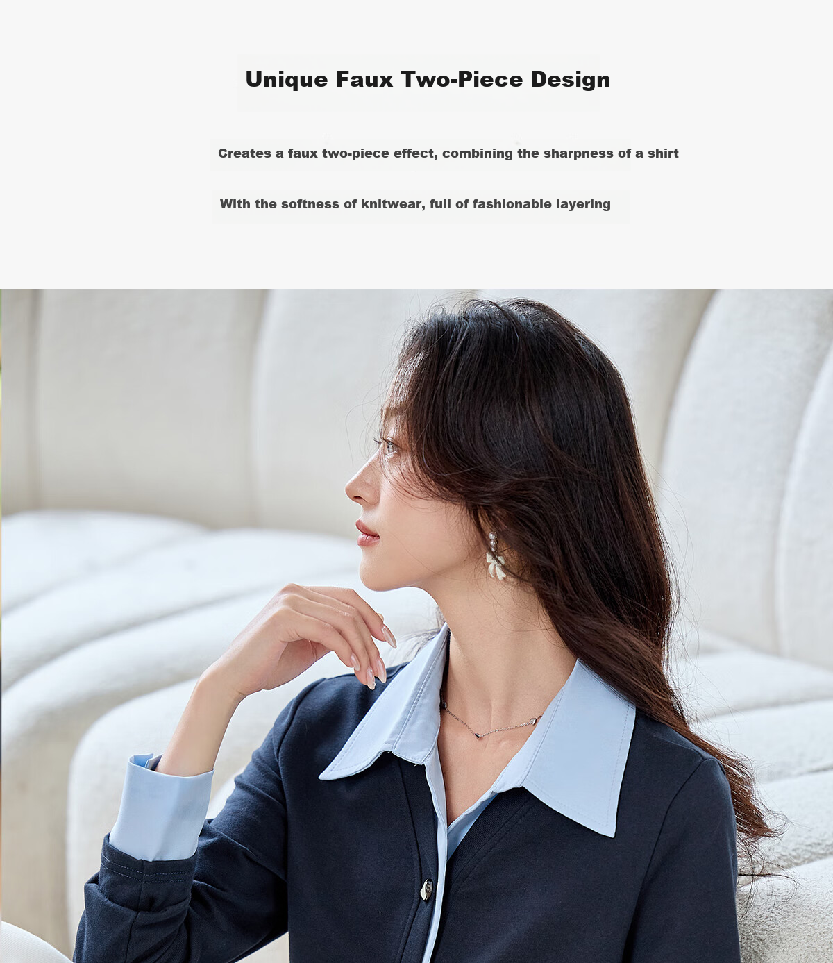 PinCai Women's Long Sleeve Shirt Color-Block Design Fake Two-Piece Layered Stylish Top P53S046 5