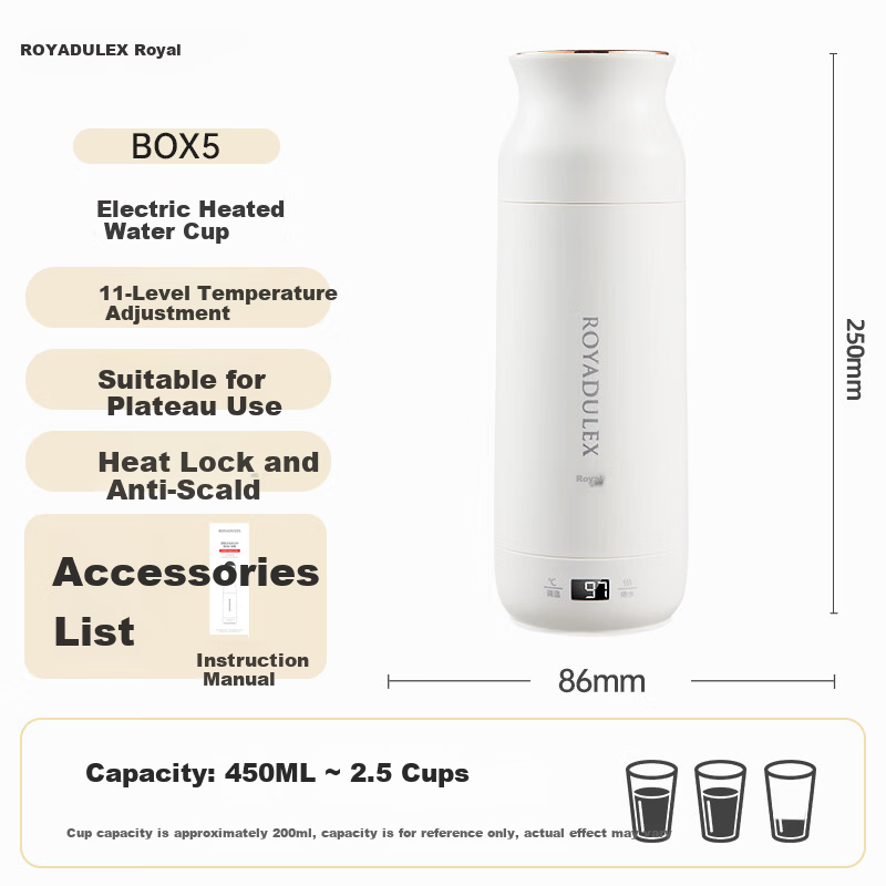 ROYALTY LINE Portable Electric Water Heater Cup Small Electric Kettle Travel Electric Cup Smart Thermostat 304 Stainless Steel Kettle 0.45L