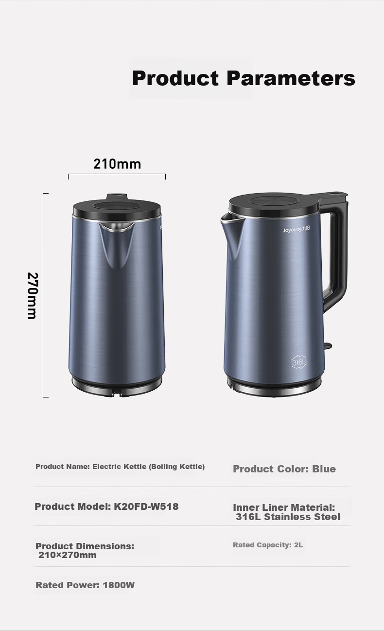 Joyoung Electric Kettle with U-Shaped Inner Pot, 1.7L Capacity, 316L Stainless Steel Seamless Design, Temperature Control, Model 17WU1B 11