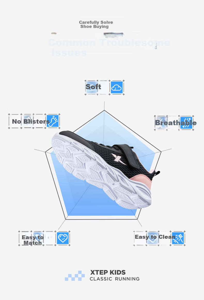 XTEP Youth Running Shoes Campus Velcro Design Student Outdoor Sports Shoes Black/New White Size 39 13