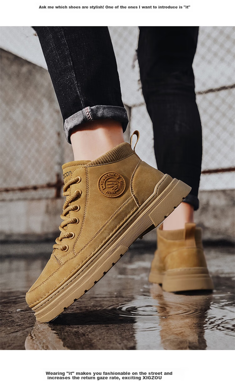 Yearcon Martin Boots Winter Fleece Fashion Retro Casual Versatile Men's Outdoor Thick-Soled Work Boots 5