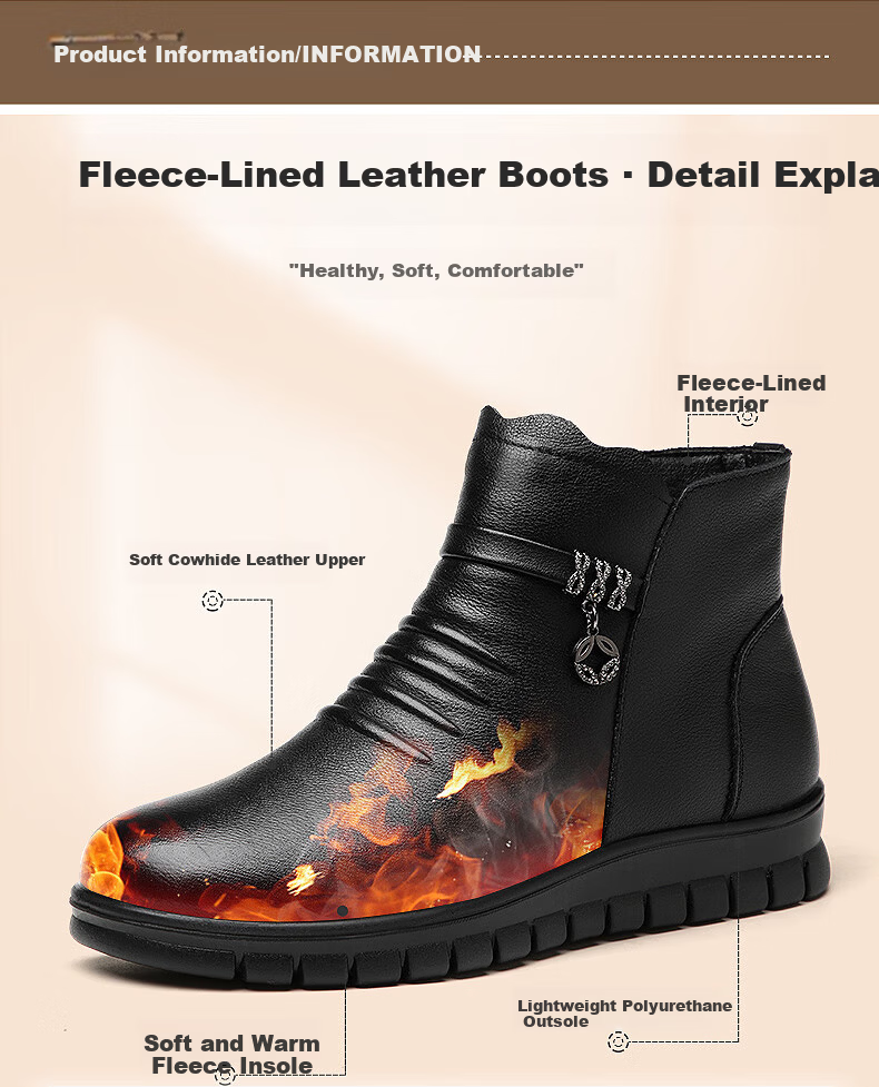 RED DRAGONFLY Women's Short Boots with Fleece Lining, Warm Snow Boots, Middle-Aged And Elderly Cotton Leather Shoes, Flat Cowhide Cotton Shoes WTC428791 Black Size 36 4